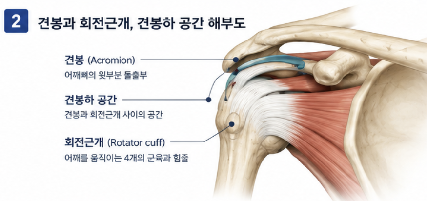 견봉과 회전근개, 견봉하 공간 해부도