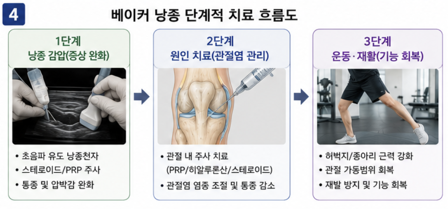 베이커 낭종 단계적 주사·재활 치료 흐름도