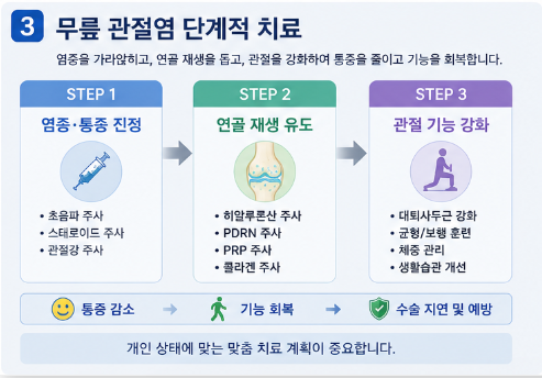 무릎 관절염 단계적 주사·재활 치료 흐름도